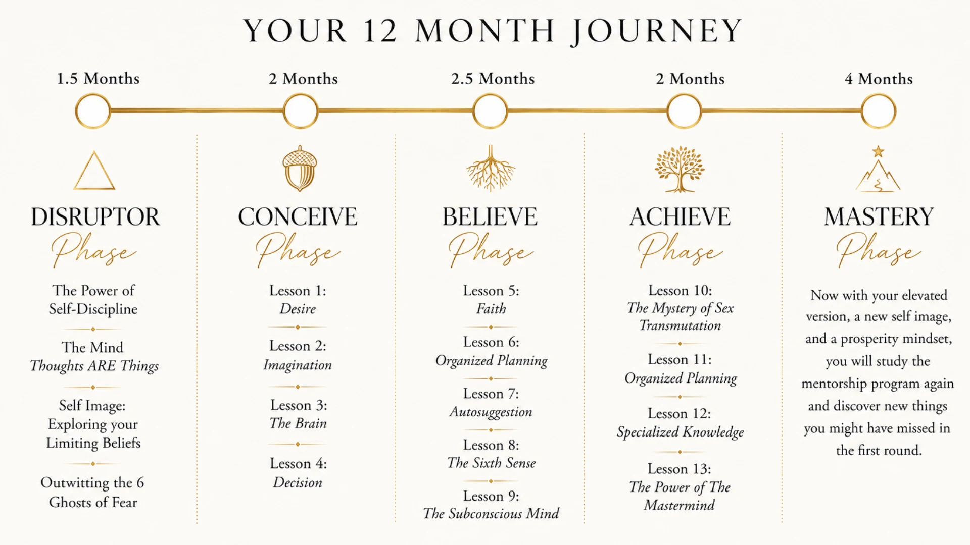 Your 12 Month Journey — Disruptor, Conceive, Believe, Achieve, and Mastery phases